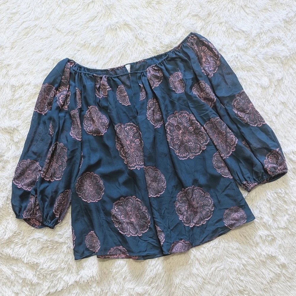 Trina Turk Teal & Pink Saloni Silk Puff Sleeve Top - Picture 3 of 12